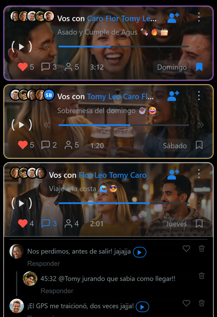 Feed de ReAloud: sesiones de audio con amigos, comentarios en el momento exacto